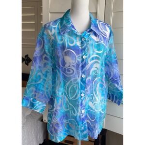 ALL HOURS Women XL Turquoise Blue Sheer Button‎ Front Blouse USA Made Vtg Artsy